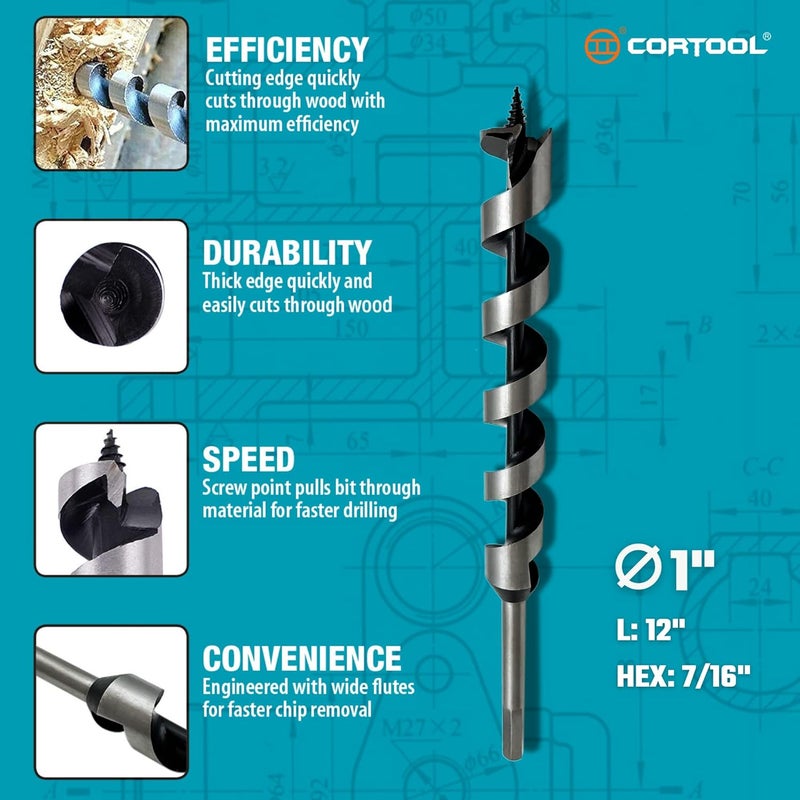 Cortool 1 x 12 Inch Auger Drill Bit for Wood, Soft and Hard Wood Plastic with 7/16 Inch Hex Shank - Image 3